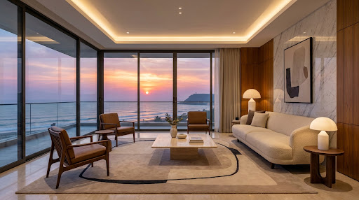 Luxurious living room overlooking the sea Build In Interiors Vizag